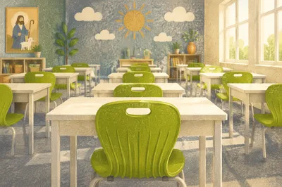 Quiet Morning Classroom with Green Chairs
