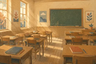 Quiet Morning Classroom with Sunlit Desks