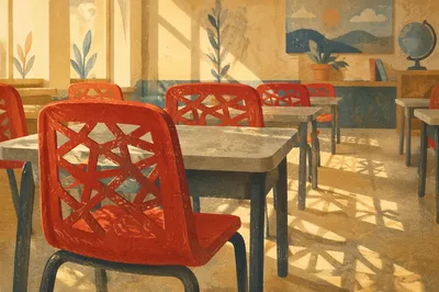 Empty Classroom Desks in Morning Sunlight