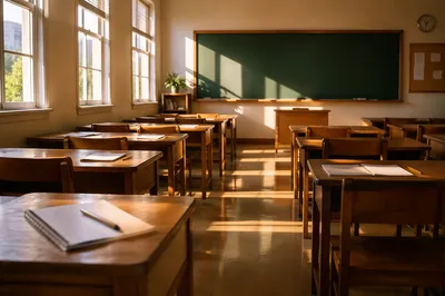 Quiet Morning Classroom with Sunlit Desks