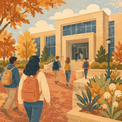 Students Walking Toward College Campus Building
