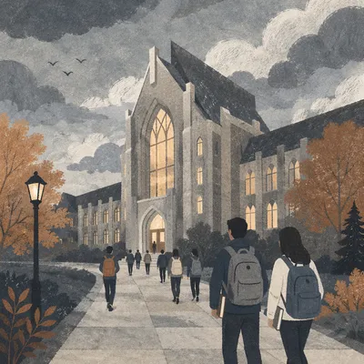 Students Walking to College Building at Dusk