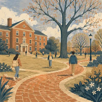 College Campus Building with Students Walking