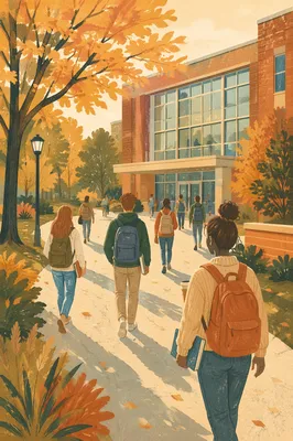 Autumn Morning College Campus Walkway Scene