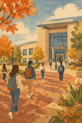 Students Walking to College Campus Building