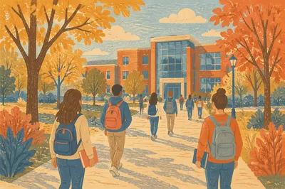 Students Walking Toward College Campus Building