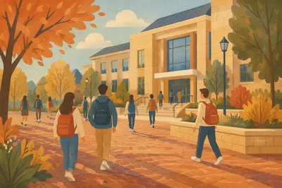 Early Autumn College Campus Walkway Scene