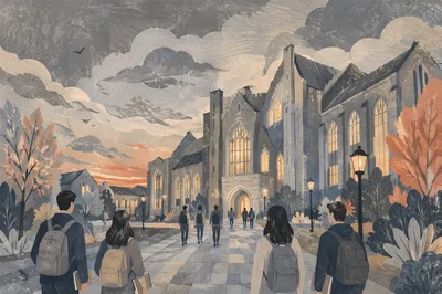 College Campus Building at Dusk Walkway