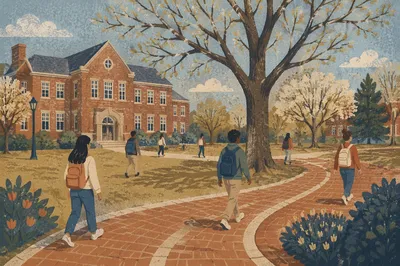 Students Walking Past Red Brick Campus
