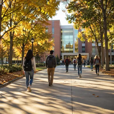 Students Walking Toward Modern College Building