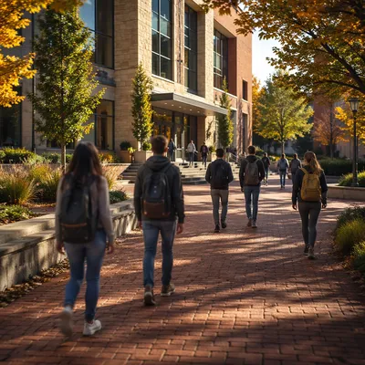 Students Walking Toward Modern College Building