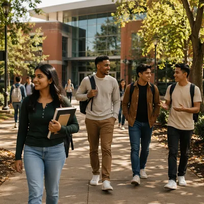 Students Walking Across Modern College Courtyard
