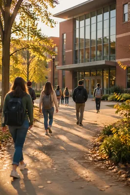 Students Walking Toward Campus Hall at Sunrise