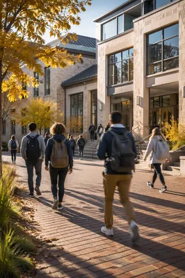 Students Walking to College Campus Building