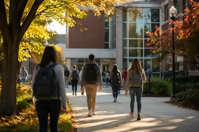 Students Walking Toward Modern Campus Hall