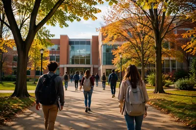 Students Walking Toward College Campus Building