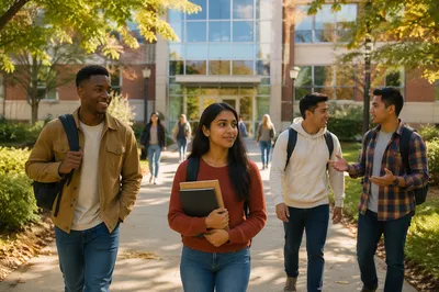 Students Walking Across College Campus Courtyard