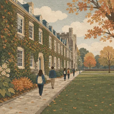 Autumn College Quad with Walking Students