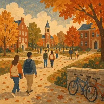 Autumn College Quad with Students Walking
