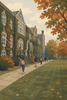 Autumn College Quad with Walking Students