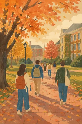 Autumn College Campus Walkway With Students