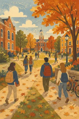 Autumn College Quad with Walking Students