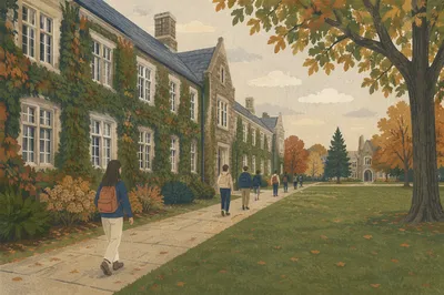 Autumn College Quad with Walking Students