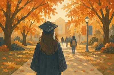 Autumn Campus Walk in Graduation Gown