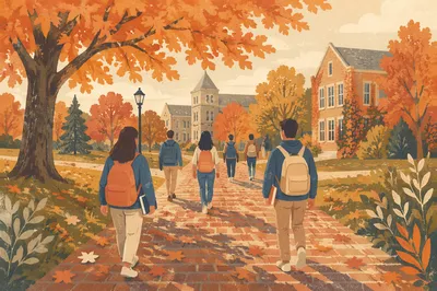 Autumn College Quad Walkway at Sunset
