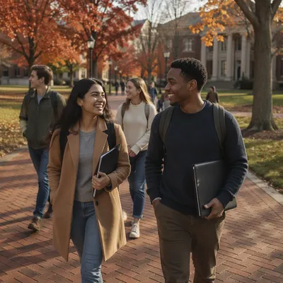 Autumn College Campus Students Walking Together