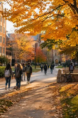 Autumn College Quad Students Walking at Sunset