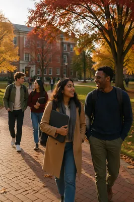 Students Walking Across Autumn Campus Quad