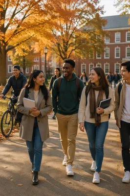 College Students Crossing Autumn Campus Quad