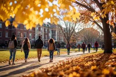 Autumn College Quad Students Walking at Sunset