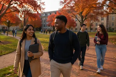 Students Walking Across Autumn Campus Quad