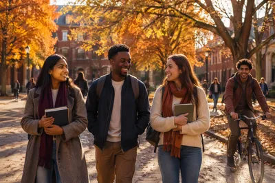 College Students Crossing Autumn Campus Quad