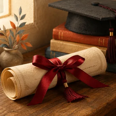 Diploma Scroll with Red Ribbon Close-Up