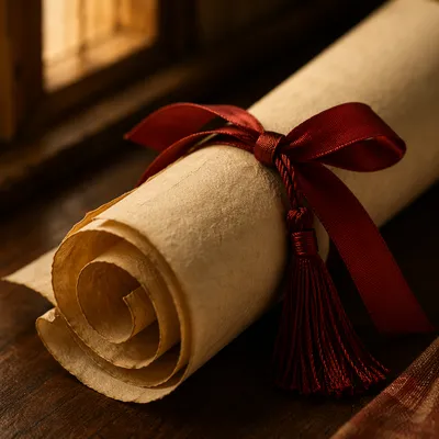Close-Up Diploma Scroll with Red Ribbon