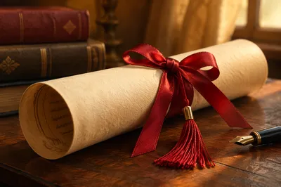 Diploma Scroll with Red Ribbon Close-Up
