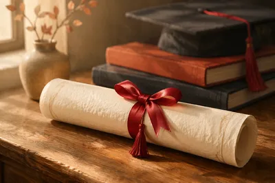 Diploma Scroll with Red Ribbon Close-Up