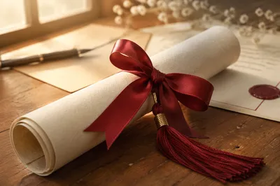 Close-Up Diploma Scroll with Red Ribbon