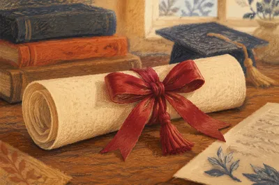 Close-Up Diploma Scroll with Red Ribbon