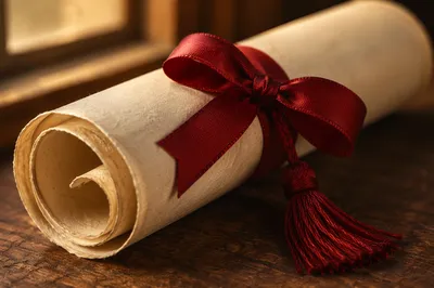 Close-Up Diploma Scroll with Red Ribbon