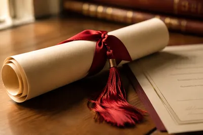 Diploma Scroll with Red Ribbon Close-Up