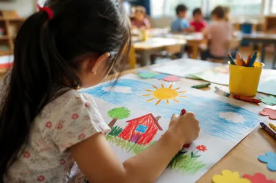 Young Girl Drawing Colorful Classroom Art