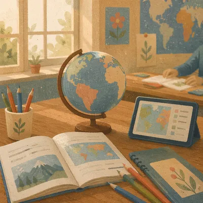 Classroom Globe on Wooden Study Desk