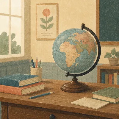 Vintage Classroom Globe on Wooden Desk