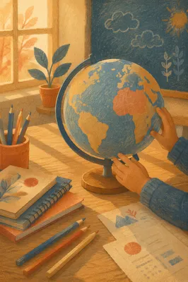 Student Exploring Globe on Classroom Desk