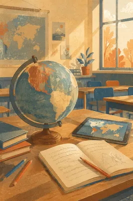 Vintage Classroom Globe on Wooden Desk