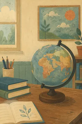 Vintage Classroom Globe on Wooden Desk